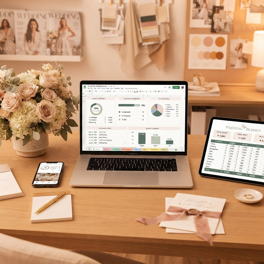 Laptop showing a wedding planning spreadsheet on a desk with roses, greenery, and gold stationery in a warm-toned, elegant ro
